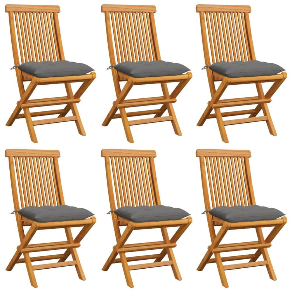 Vidaxl Záhradné stoličky so sivými podložkami 6 ks tíkový masív